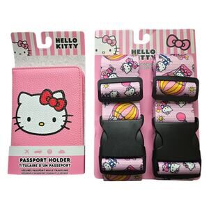 Hello Kitty Travel Set Passport Holder Case & 2 Luggage Straps Pink Pebbled Case